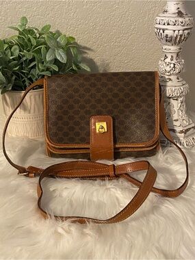 CELINE Vintage Macadam Double Flap Crossbody Bag Gold-Tone